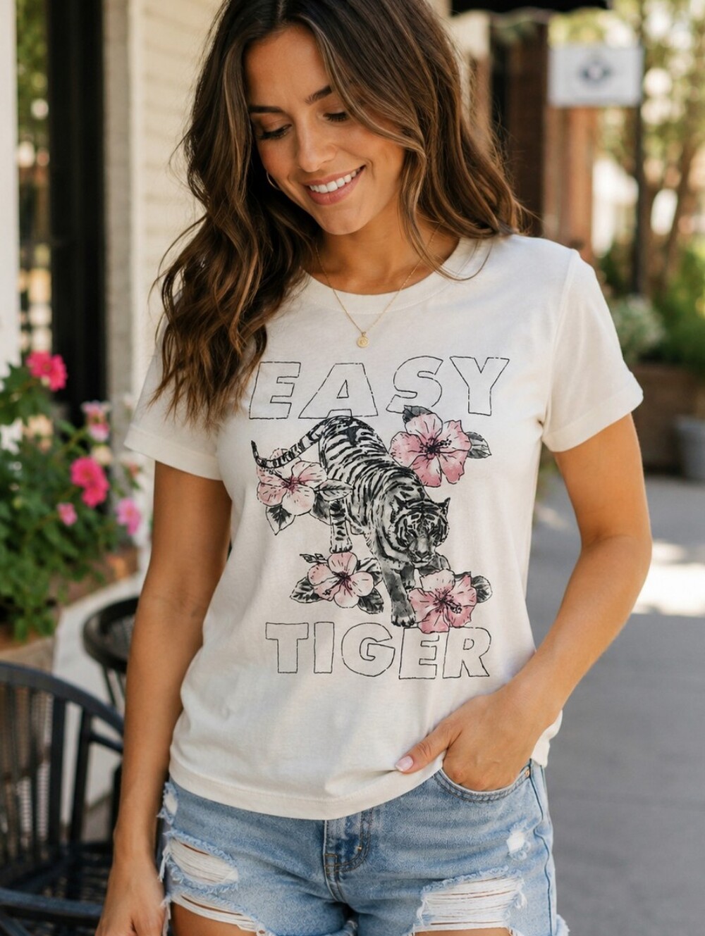 CHASER Easy Tiger Boho Floral Graphic Tee 100% Cotton Tshirt M